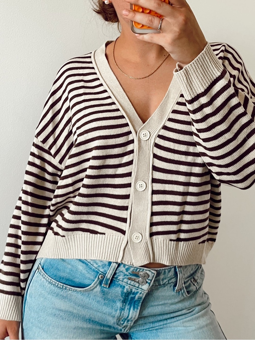 Mello Striped Knit Striped V-Neck Button Cardigan in Cream and Dark Brown SZ Sm